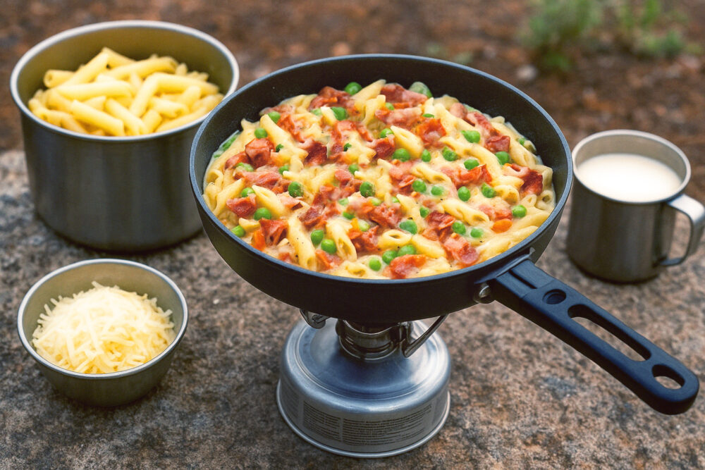 Kremet pasta med bacon og grønnsaker