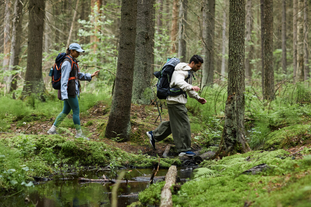 Young adult Caucasian man and young adult Black woman hiking through forest carrying backpacks, crossing small stream surrounded by trees and green vegetation, exploring nature together